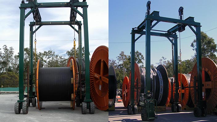 Isoloader mini straddle carriers handle and transport cable drums weighing over 40 tonnes.