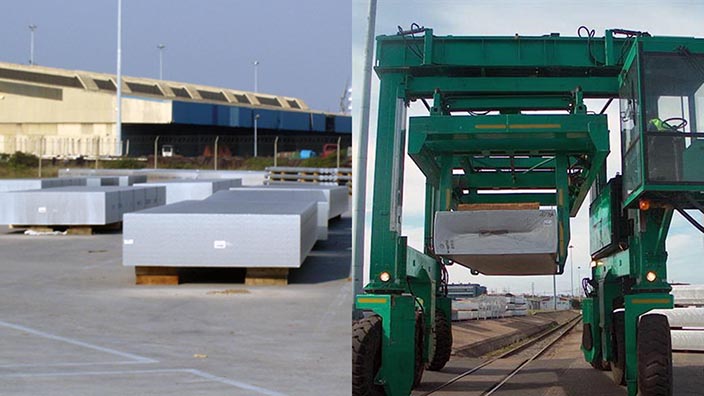 Isoloader Ingot Straddle Carriers handle aluminium slabs and 30 tonnes of ingot bundles in a single load.