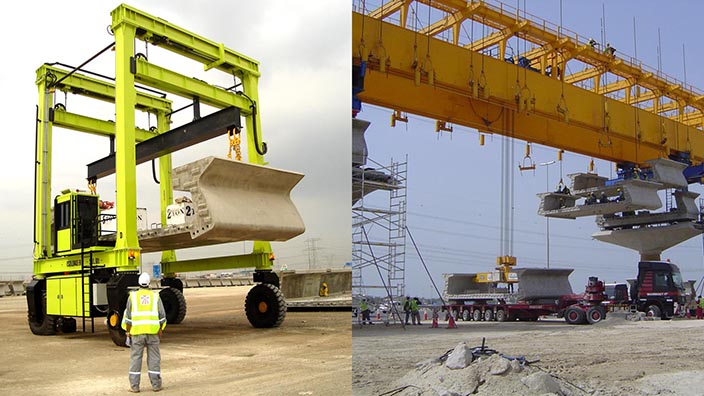 Isoloader Straddle Carriers and Rubber Tyred Gantries (RTGs) customized to handle pre-cast concrete segments up to 100 tonnes.