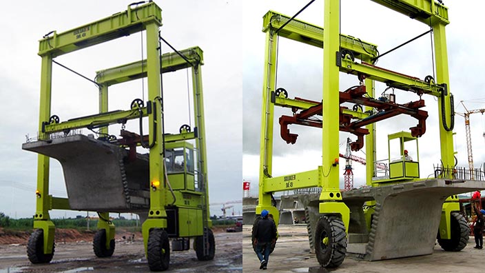 Isoloader Straddle Carriers and Rubber Tyred Gantries (RTGs) transport and handle pre-cast concrete beams for road and rail projects.
