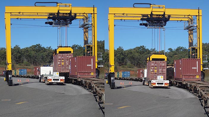Isoloader Rubber Tired Gantries (RTG) for train stripping operations at mid-sized container terminals.