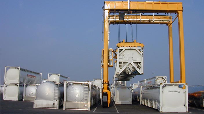 Isoloader Rubber Tired Gantries (RTG) for high density storage and handling of tanks and containers at tank farms.