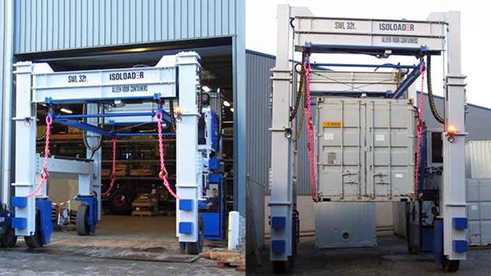 Isoloader Straddle Carrier stacks containers 2-high and handles low doorways